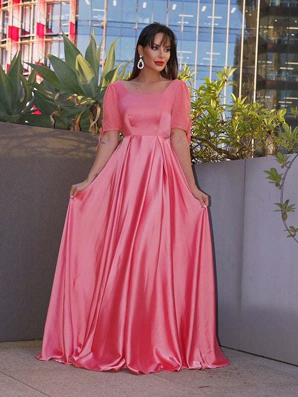 A-line Princess Square Sleeves Elastic Woven Satin Ruffle Edge Floor Mop Dress