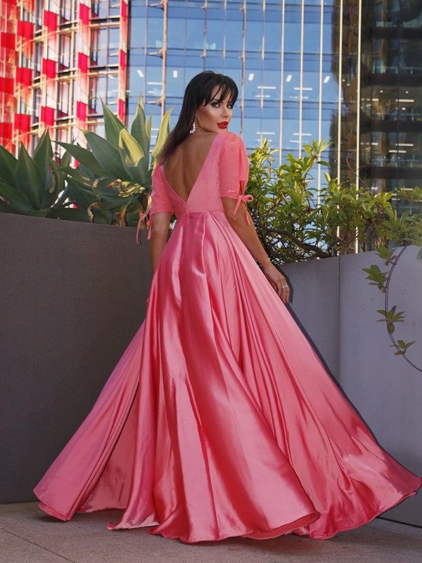 A-line Princess Square Sleeves Elastic Woven Satin Ruffle Edge Floor Mop Dress
