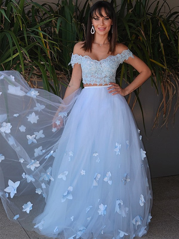 Sweet Princess Tulle Applique Sleeveless Off the Shoulder Floor Two Piece Dress