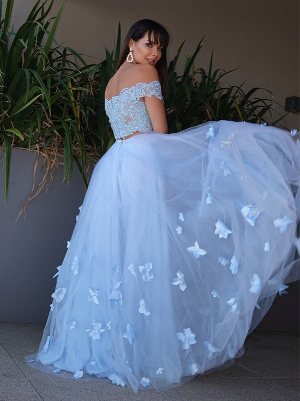 Sweet Princess Tulle Applique Sleeveless Off the Shoulder Floor Two Piece Dress