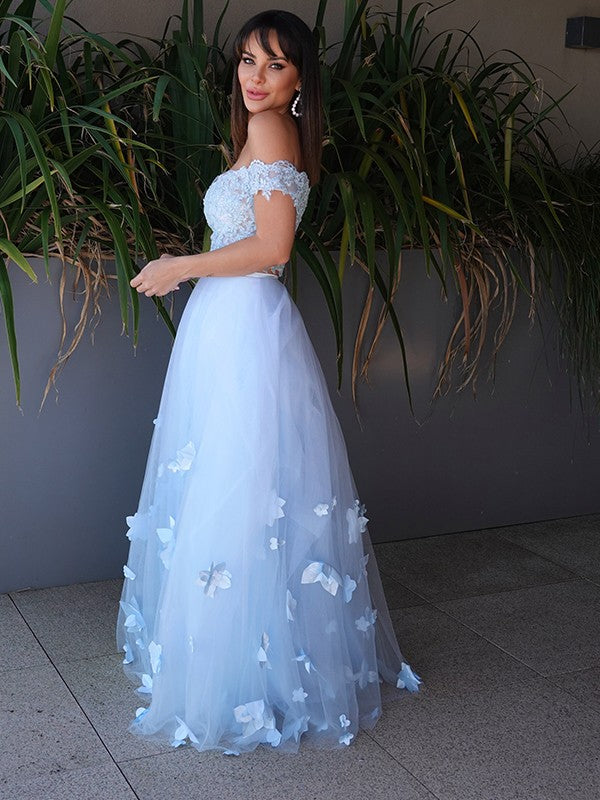 Sweet Princess Tulle Applique Sleeveless Off the Shoulder Floor Two Piece Dress