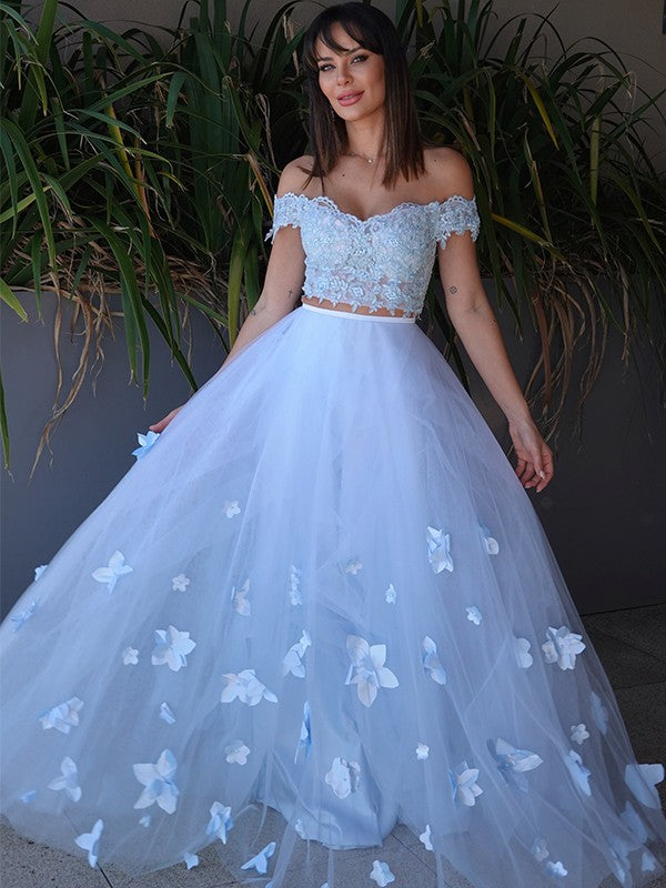 Sweet Princess Tulle Applique Sleeveless Off the Shoulder Floor Two Piece Dress
