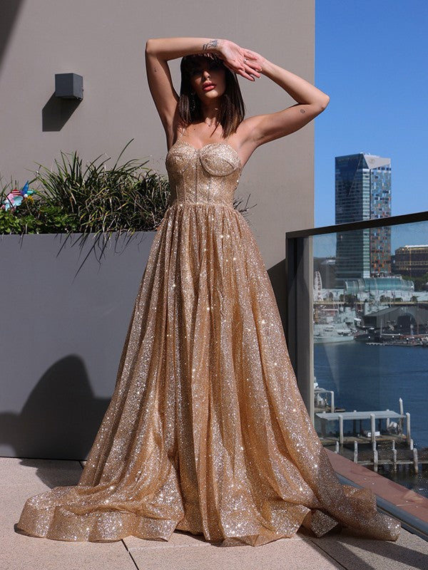 A-line Sweet Princess Italian Noodle Strap Sequin Sleeveless Ruffle Edge Dress