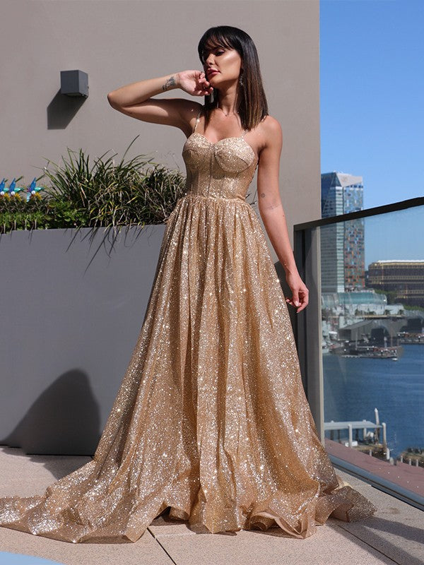 A-line Sweet Princess Italian Noodle Strap Sequin Sleeveless Ruffle Edge Dress