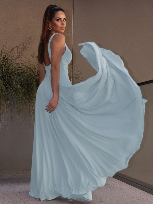 A-line elegant princess ruffled knit V-neck sleeveless floor dress