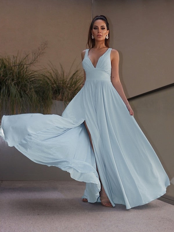 A-line elegant princess ruffled knit V-neck sleeveless floor dress