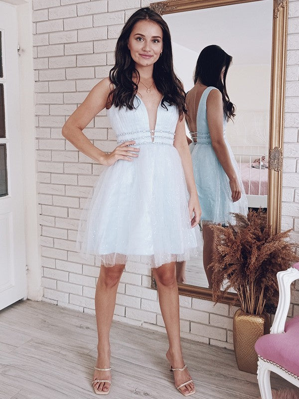 A-line Princess V-neck Beaded Tulle Sleeveless Short Back to School Dress
