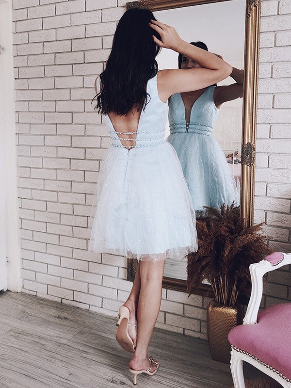 A-line Princess V-neck Beaded Tulle Sleeveless Short Back to School Dress