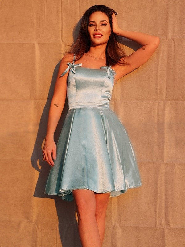 A-shaped pleated elastic woven satin shoulder strap sleeveless short mini back to school dress