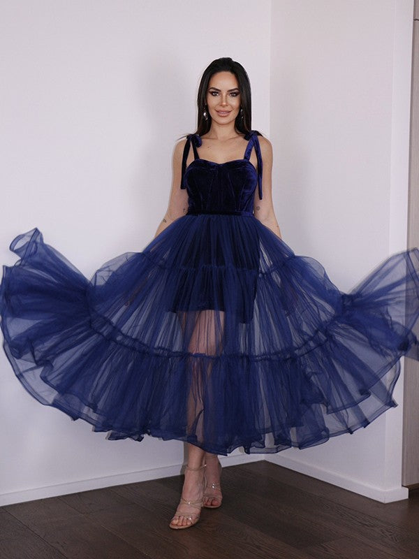 A-line princess style thin gauze ruffle edge thin shoulder strap sleeveless tea long return to school party dress
