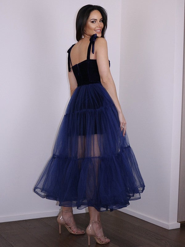 A-line princess style thin gauze ruffle edge thin shoulder strap sleeveless tea long return to school party dress