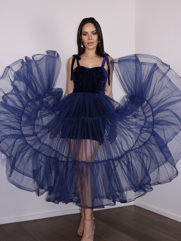 A-line Sweet Princess Tulle Ruffle Edge Italian Noodle Strap Sleeveless Dress