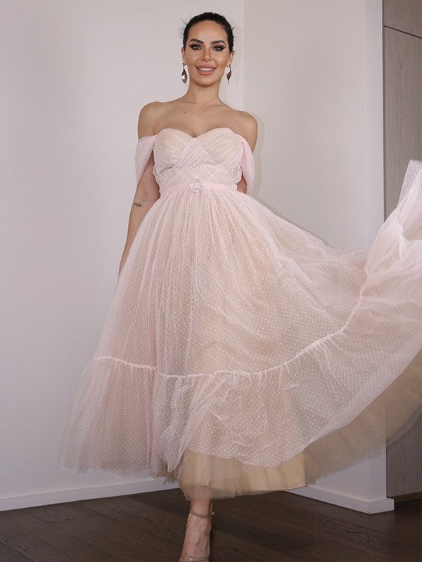 A-line Sweet Princess Lace Off Shoulder Sleeveless Tea Back to School Party Dress