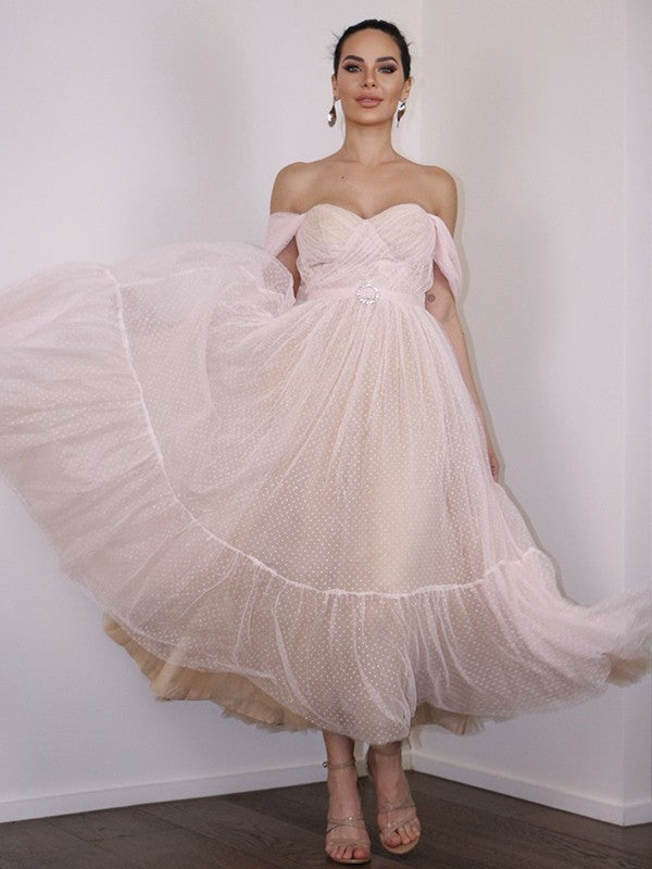 A-line Sweet Princess Lace Off Shoulder Sleeveless Tea Back to School Party Dress