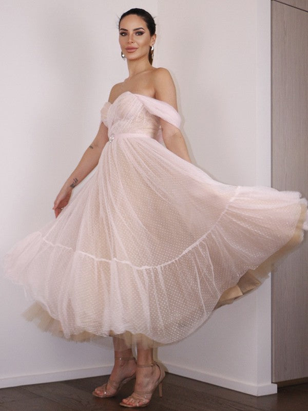 A-line Sweet Princess Lace Off Shoulder Sleeveless Tea Back to School Party Dress