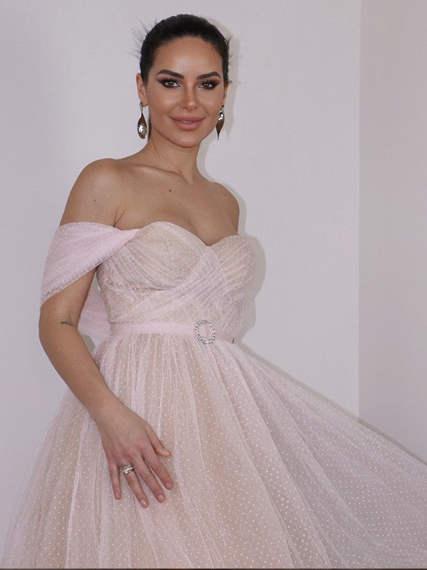A-line Sweet Princess Lace Off Shoulder Sleeveless Tea Back to School Party Dress
