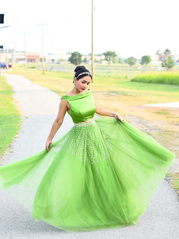 A-line Princess sheer sexy off the shoulder sleeveless floor two piece dress