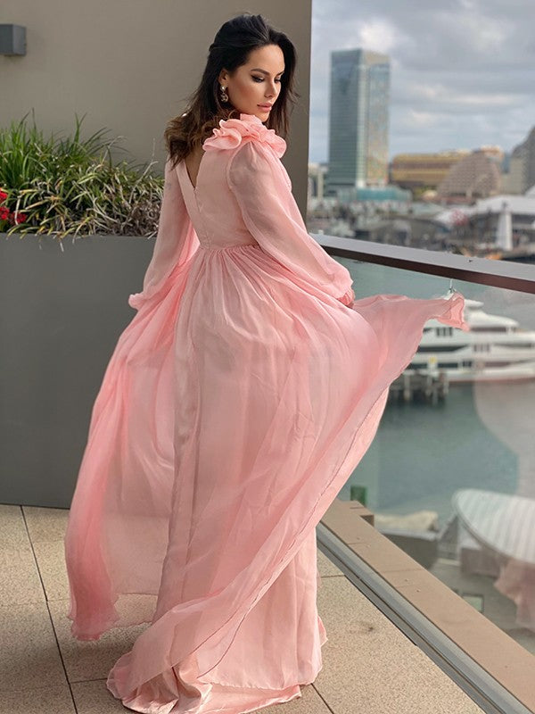 A-line princess skirt 30D chiffon ruffled V-neck long sleeved strapless dress
