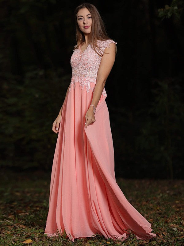 A-line Sweet Princess Chiffon Lace V-neck Sleeveless Sweater Sweeping Dress