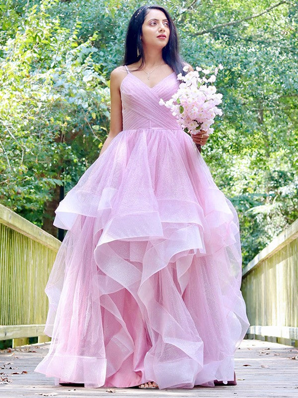Elegant Princess Tulle Ruffle Edge Sexy Strap Sleeveless Floor Dress