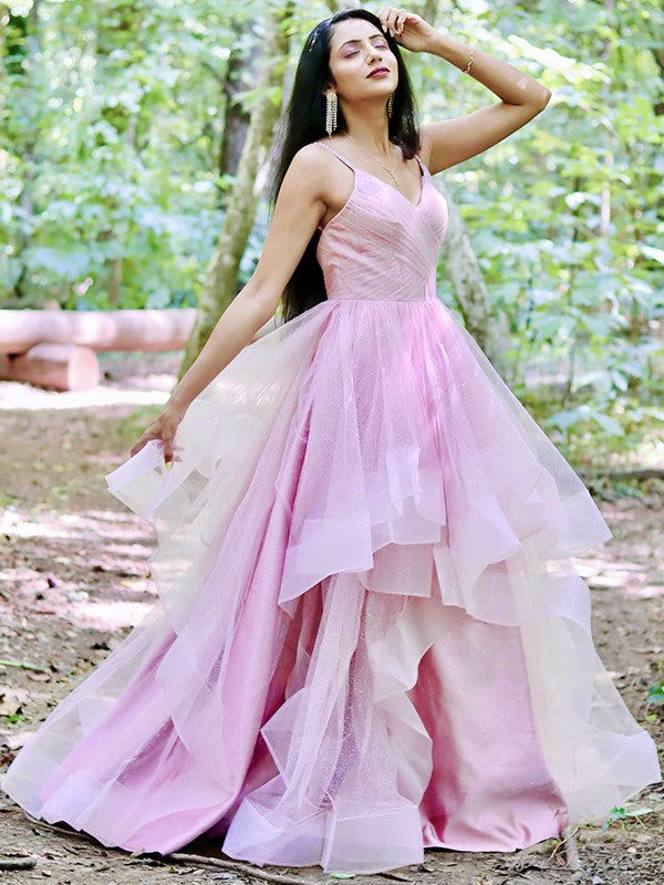 Elegant Princess Tulle Ruffle Edge Sexy Strap Sleeveless Floor Dress
