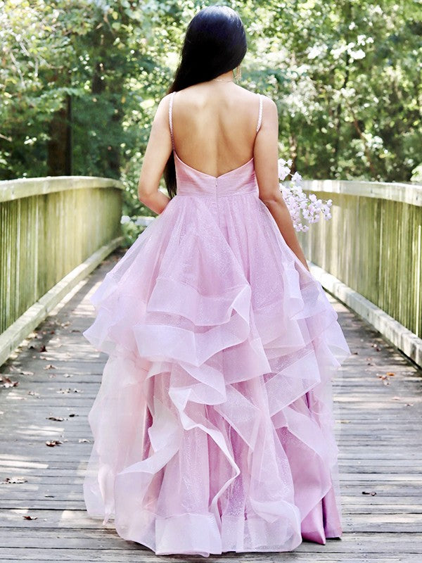 Elegant Princess Tulle Ruffle Edge Sexy Strap Sleeveless Floor Dress