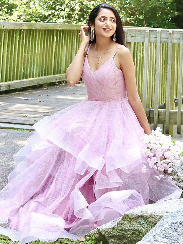 Elegant Princess Tulle Ruffle Edge Sexy Strap Sleeveless Floor Dress