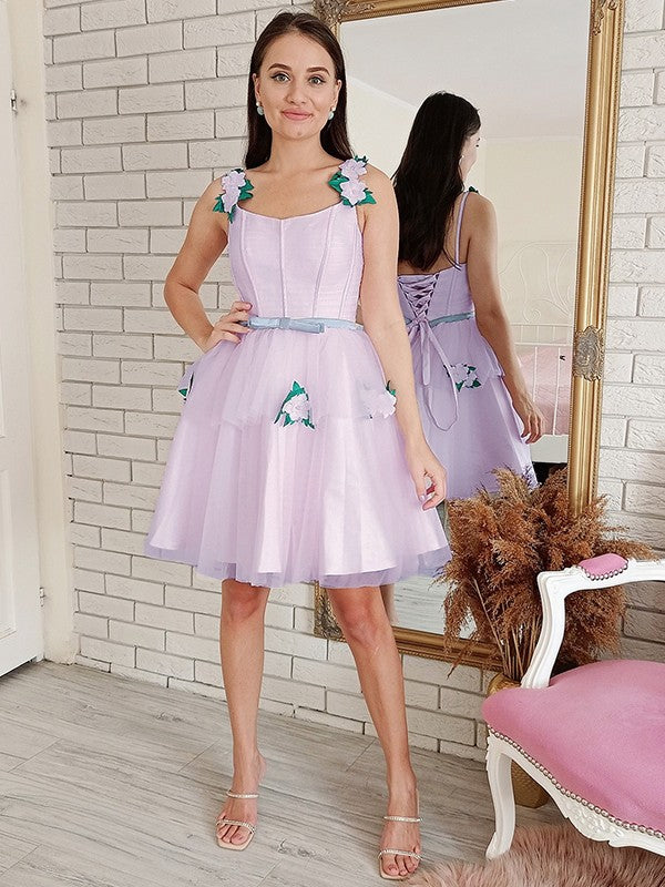 A-line Princess sheer handmade flower square sleeveless mini skirt