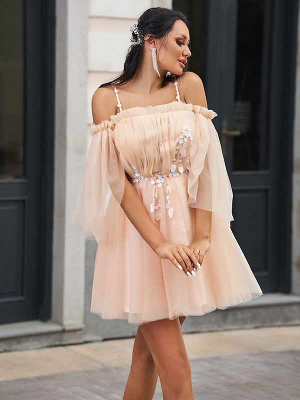 A/Princess style sheer beaded thin shoulder strap half sleeved short skirt mini skirt