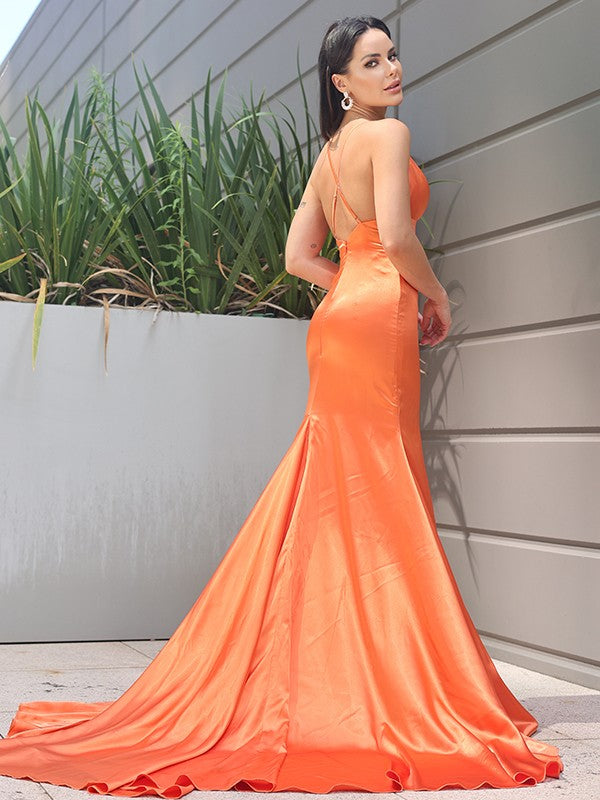 Premium color cylindrical satin pleated V-neck sleeveless dress