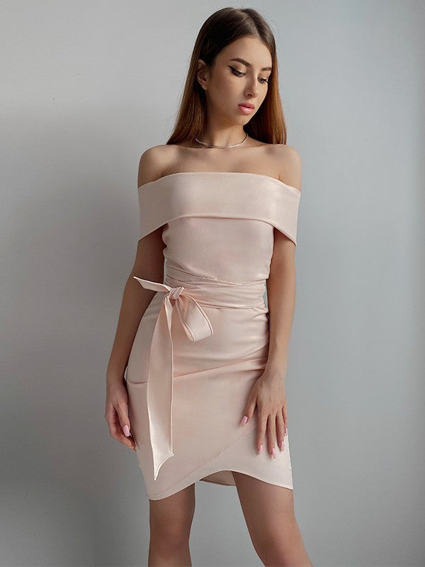 Standing neck elastic crepe waistband bow waistband off shoulder sleeveless short mini skirt
