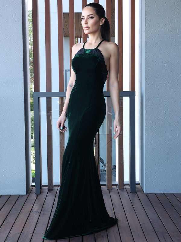 Pillar Velvet Application Halter Sleeveless Sweet Dress