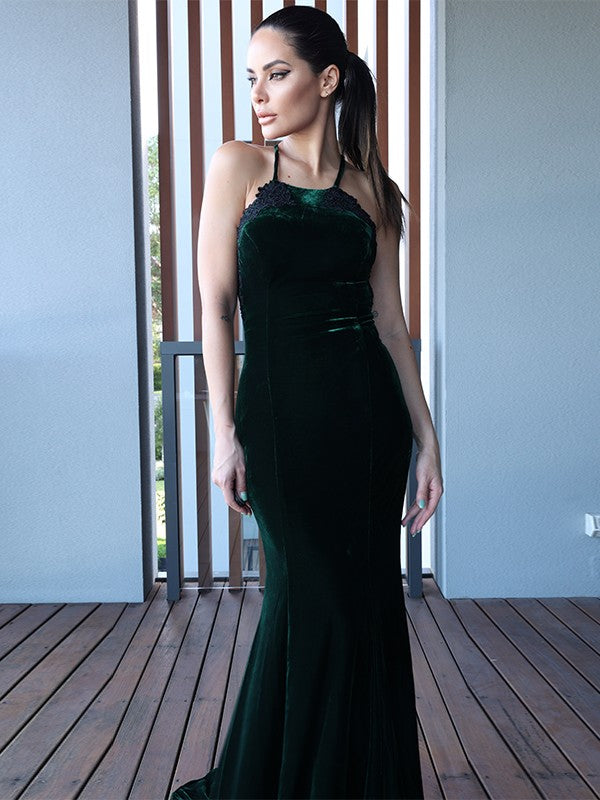 Pillar Velvet Application Halter Sleeveless Sweet Dress