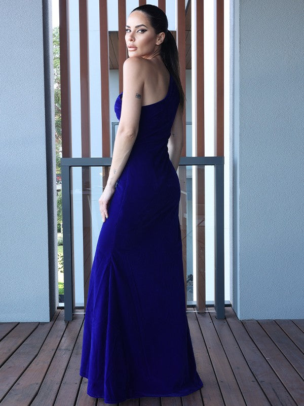 Sheath column velvet pleated single shoulder sleeveless floor mop sweet dress