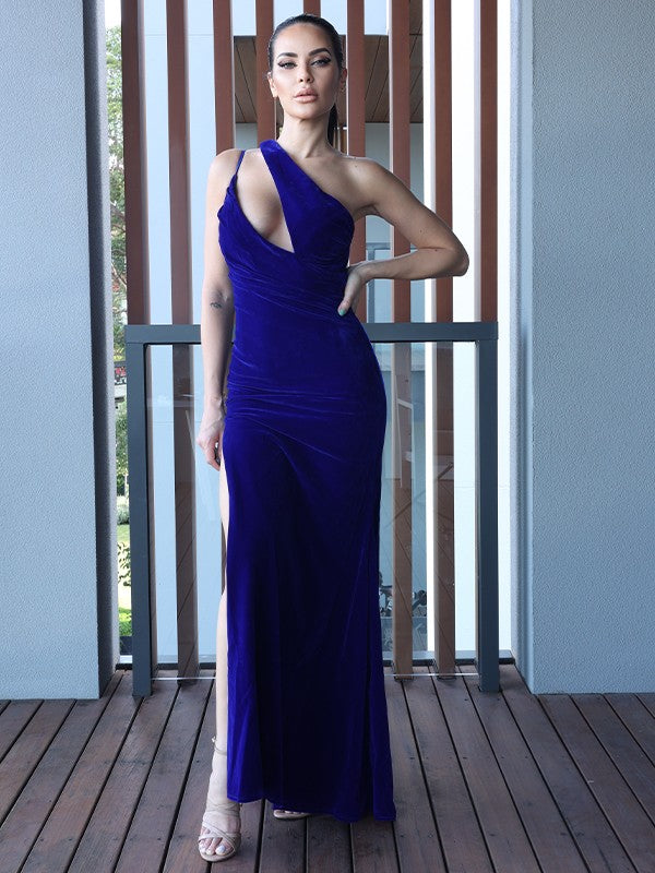 Sheath column velvet pleated single shoulder sleeveless floor mop sweet dress