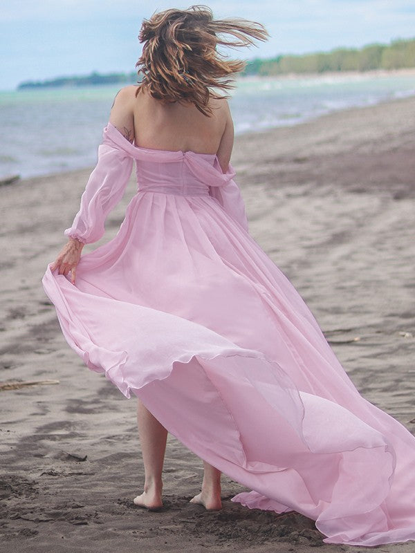 A-line skirt princess 30D chiffon sexy off shoulder long sleeved dress