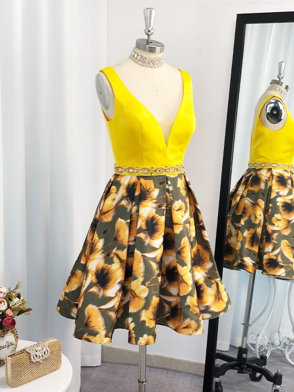 A-line beautiful princess satin ruffled V-neck sleeveless mini dress