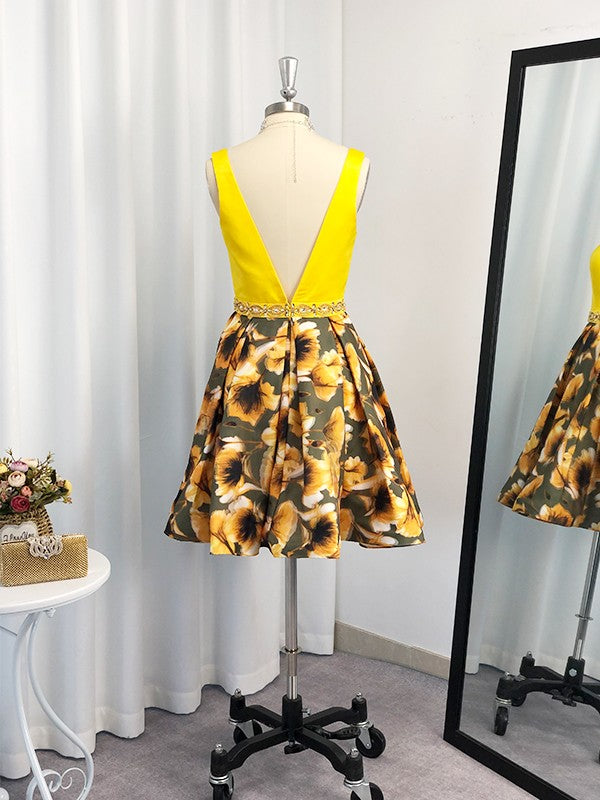 A-line beautiful princess satin ruffled V-neck sleeveless mini dress