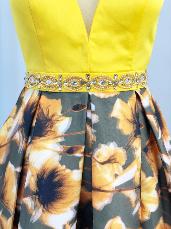 A-line beautiful princess satin ruffled V-neck sleeveless mini dress
