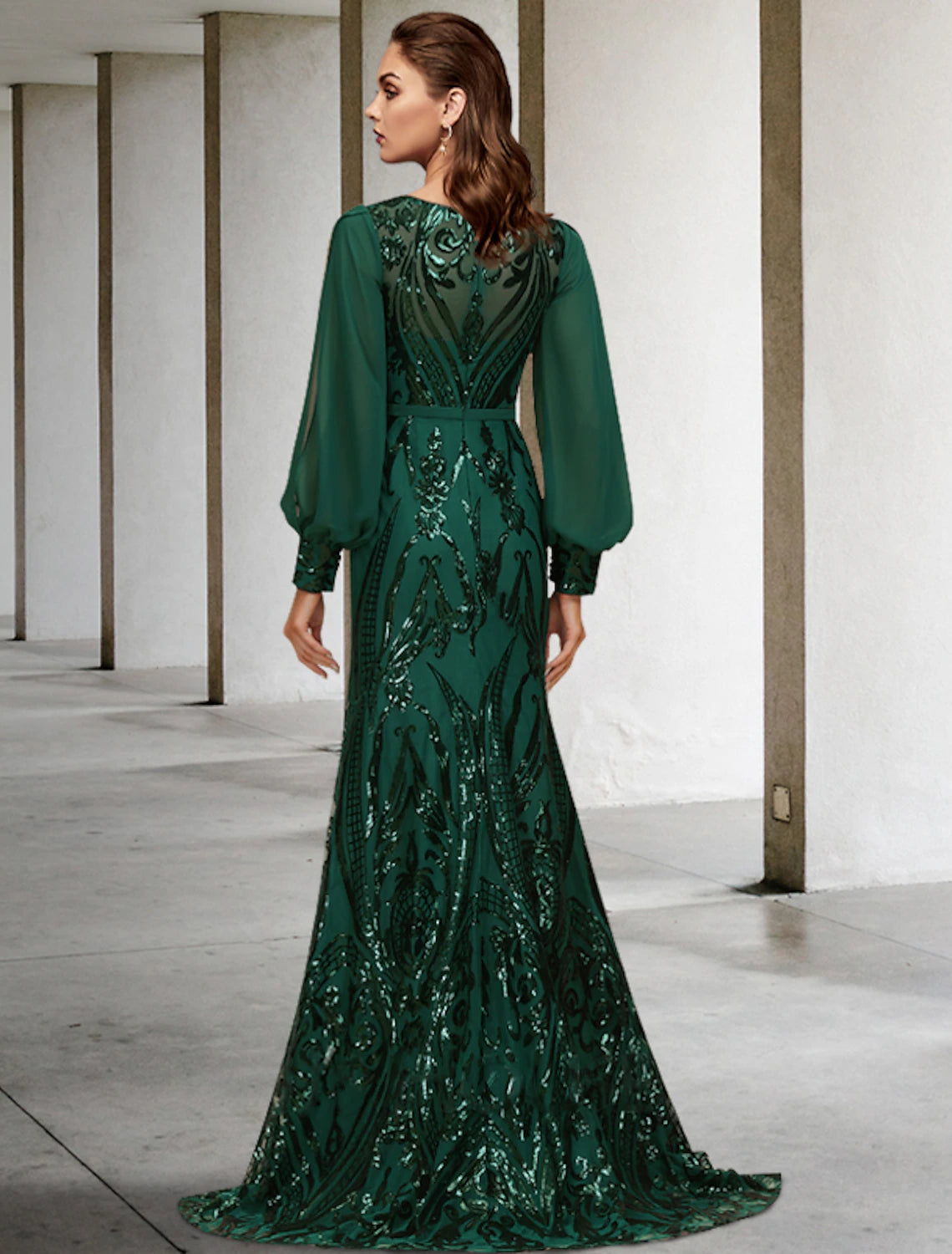 Mermaid Bride Mom Dress Wedding Guests Sparkling Jewelry Neckpiece/Brush Tail Chiffon Sequins Long Sleeves with Sequins