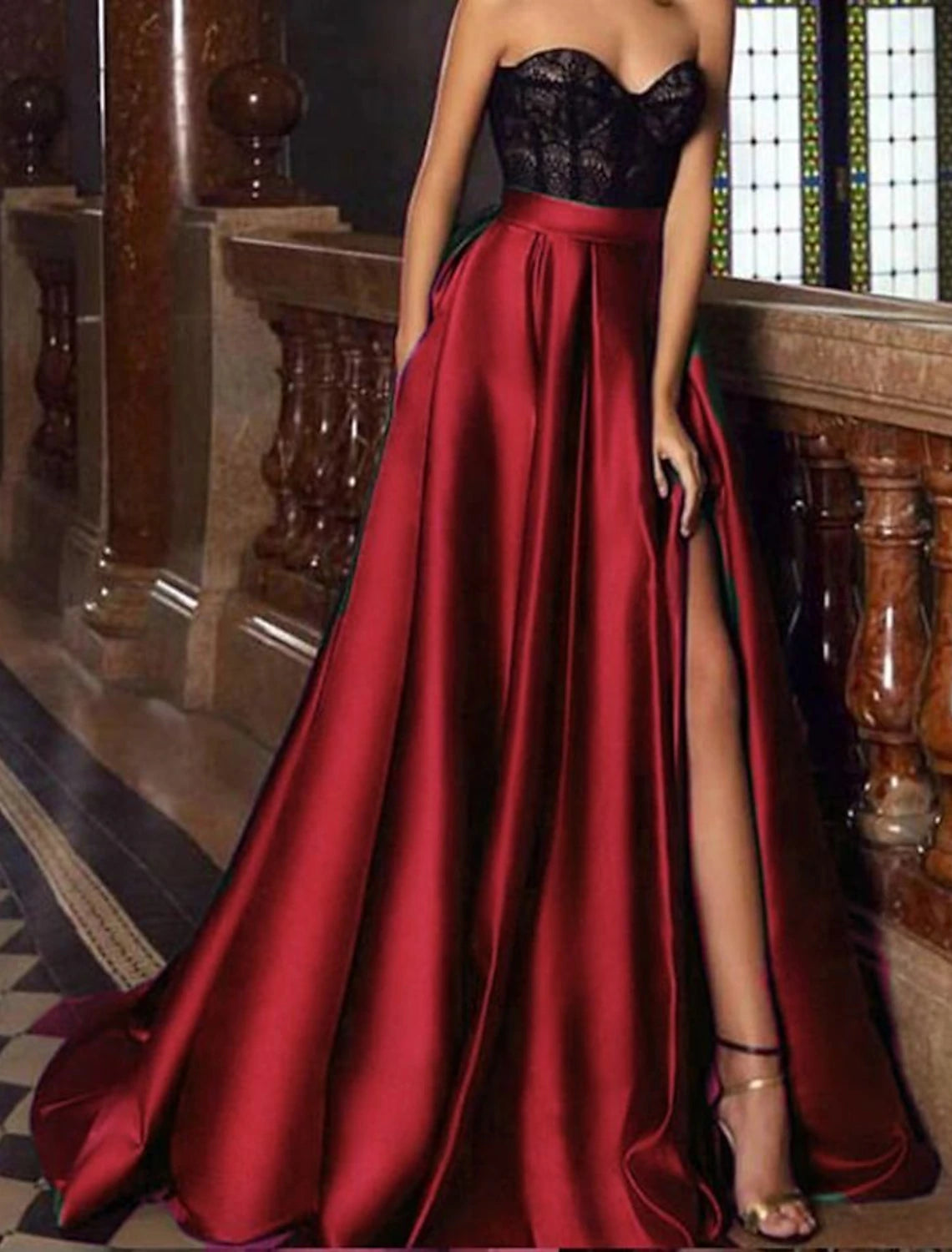 A-line Evening Dress Retro Dress Red and Green Dress Engagement Sleeveless Sweetheart Pocket Ribbon Split Embroidered Pocket