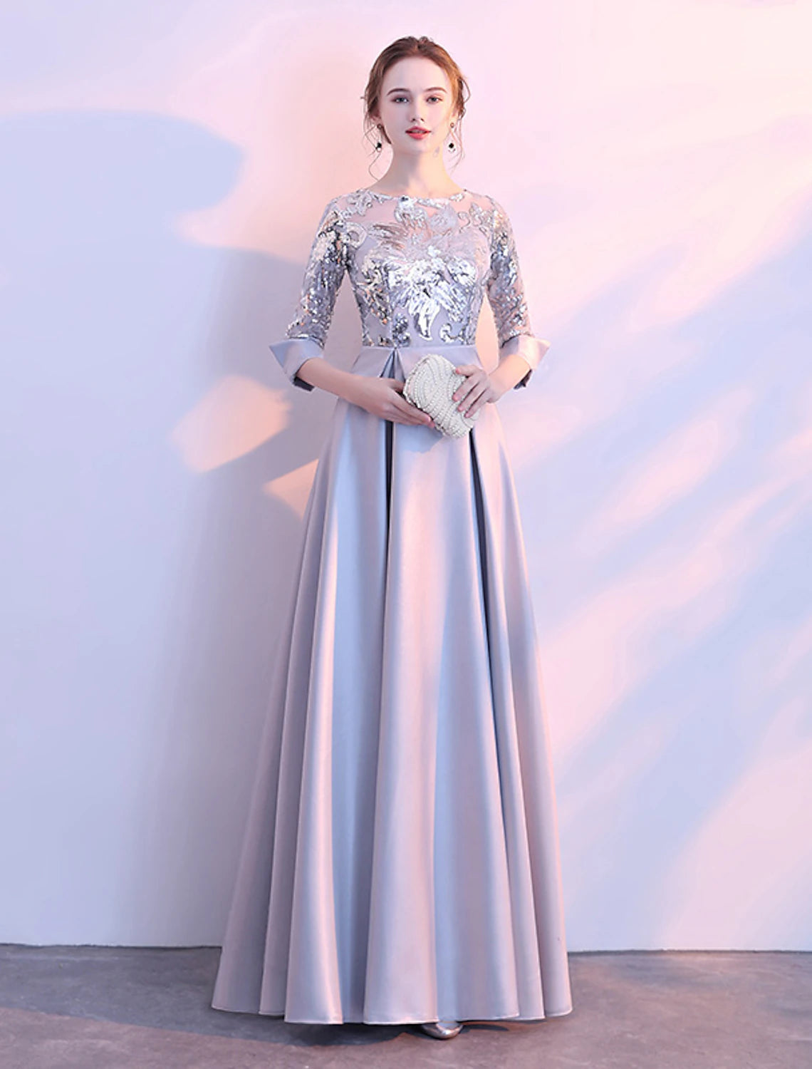 A-shaped Elegant Bridesmaid Dress with Jewel Neck Long Sleeves Beautiful Back Floor to Floor Length Satin sheer sequin ribbons pleats