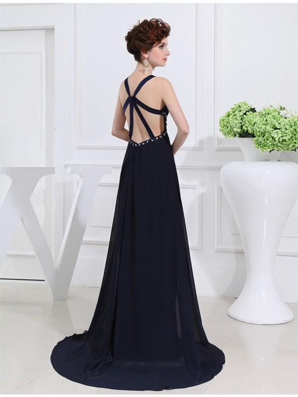 A-line Sweet Princess Pearl V-neck Sleeveless Long Chiffon Dress