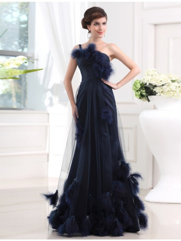Elegant Mermaid One Shoulder Sleeveless Satin sheer feather fur dress