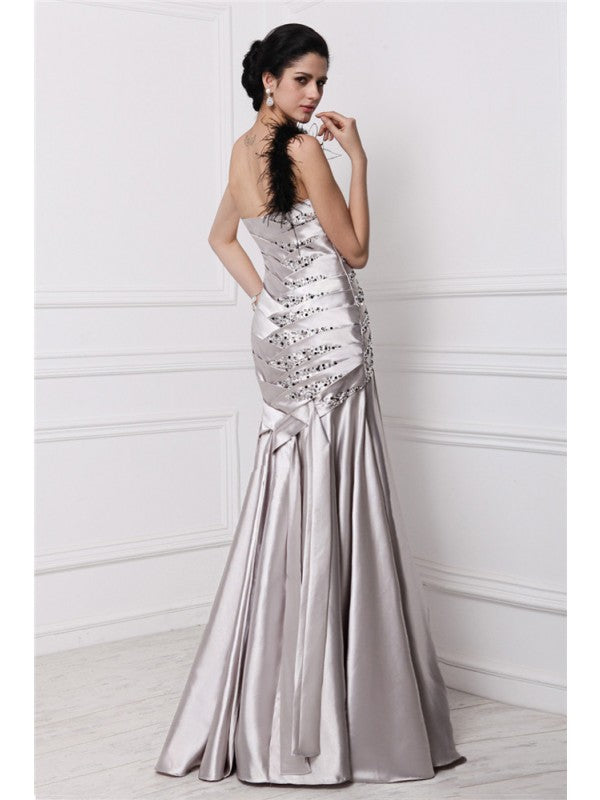 Princess Sweet Sleeveless Beaded Folded Elastic Woven Satin Long Dress