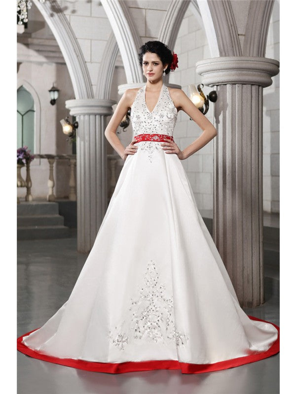 A-line elegant princess V-neck sleeveless beaded embroidered long satin wedding dress