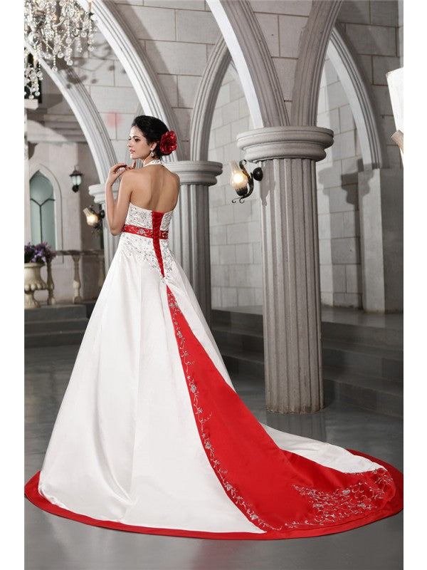 A-line elegant princess V-neck sleeveless beaded embroidered long satin wedding dress
