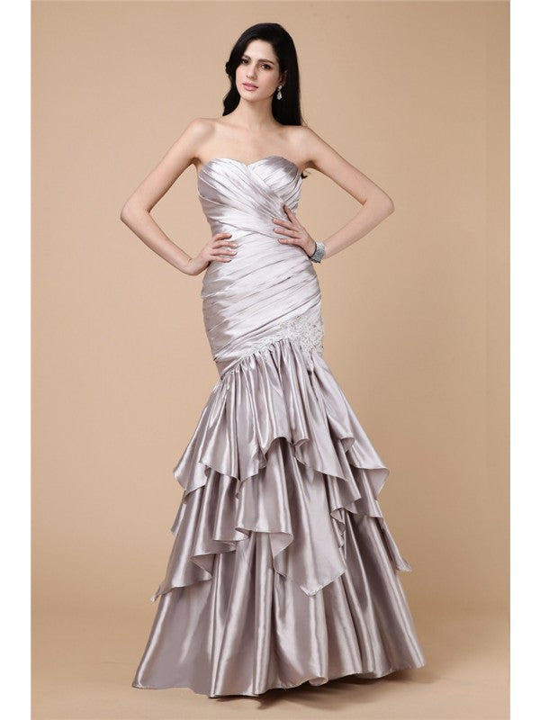 Elegant mermaid sleeveless pleated long stretch woven satin dress
