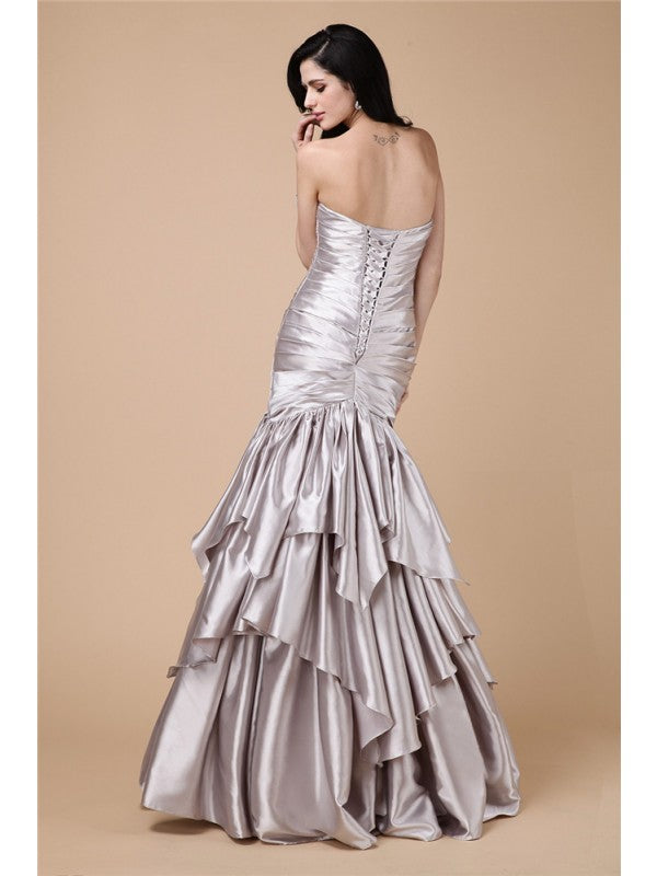 Elegant mermaid sleeveless pleated long stretch woven satin dress