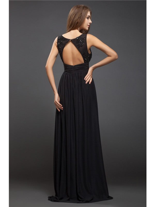 Sleeveless beaded lace long chiffon dress with elegant V-neck and cylindrical sheath